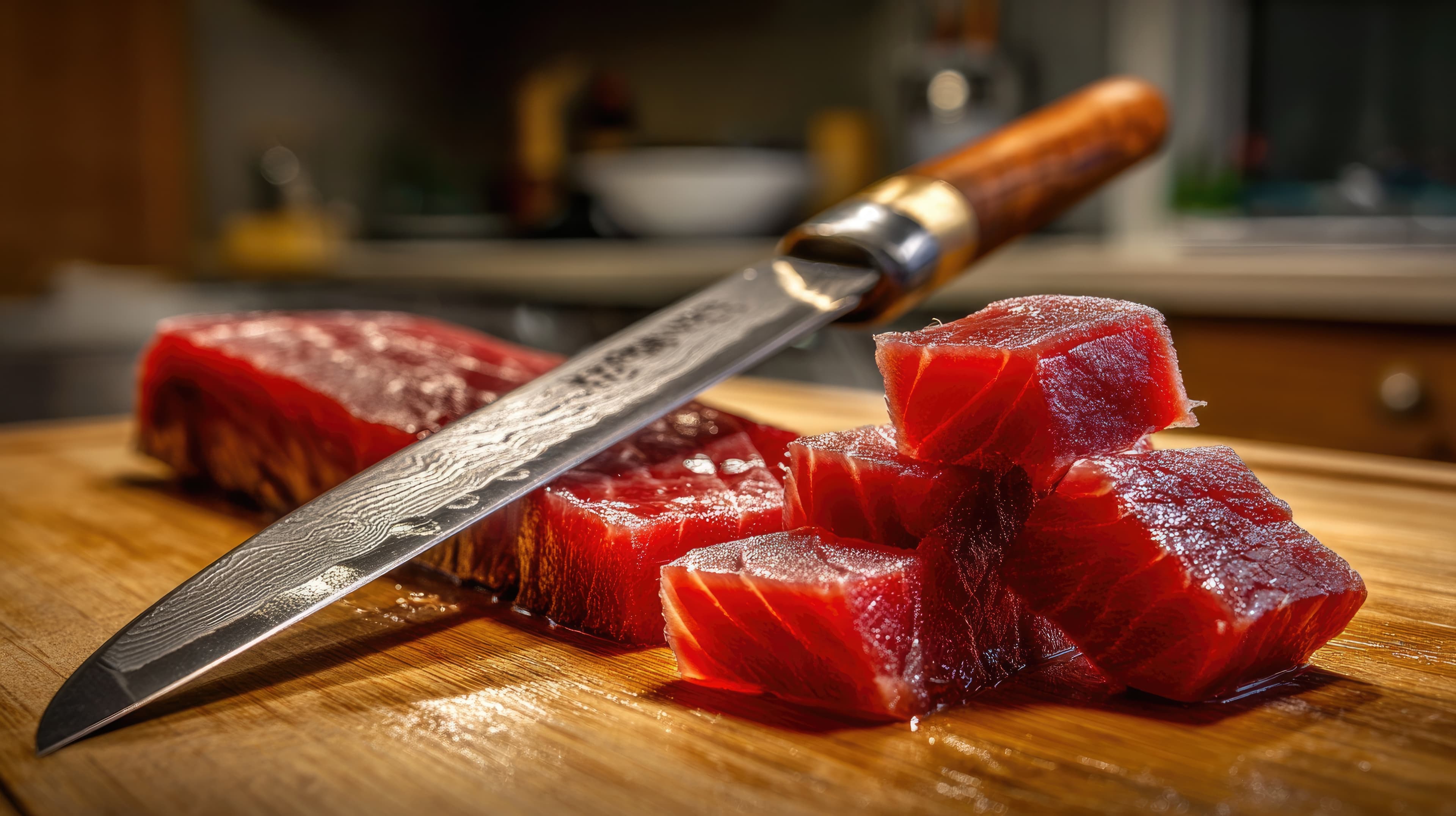 Yanagiba knife with fresh tuna on cutting board